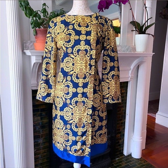 VINTAGE TIBI 100% Silk Blue & Gold Medallion Print Button Up Shift Dress Size 4 - Picture 2 of 15